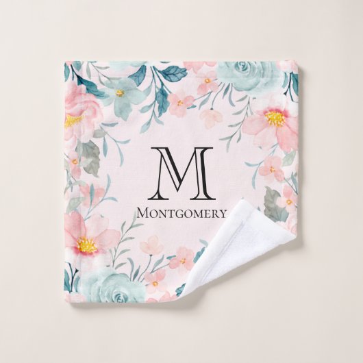 Monogram roze en groene Floral Border Bad Handdoek (Wasdoekje)