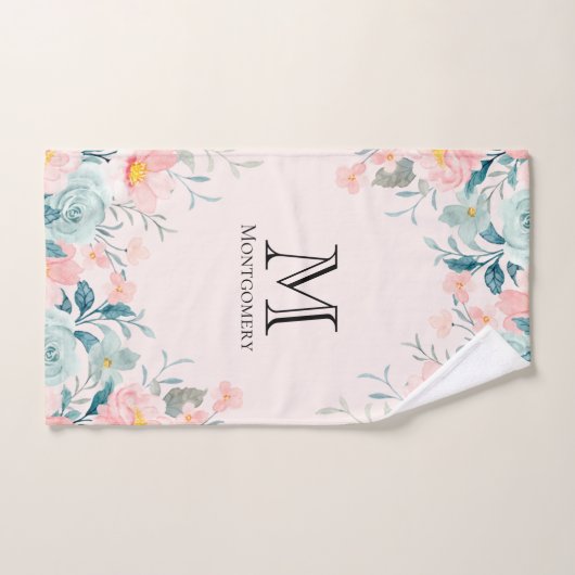 Monogram roze en groene Floral Border Bad Handdoek (Handdoek)