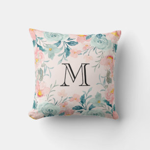 Monogram roze en groene Floral Border Kussen