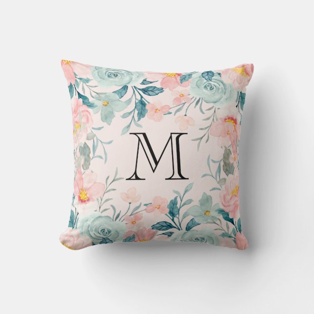 Monogram roze en groene Floral Border Kussen (Voorkant)