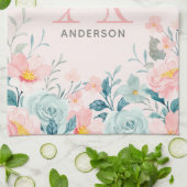 Monogram roze en groene Floral Border Theedoek (Gevouwen)