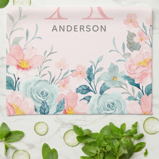 Monogram roze en groene Floral Border Theedoek (Gevouwen)