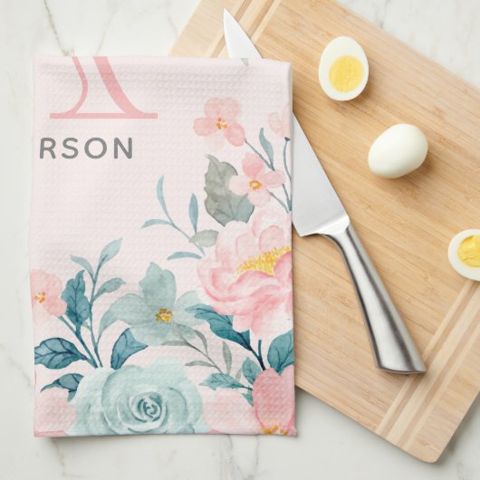 Monogram roze en groene Floral Border Theedoek (Quarter Fold)