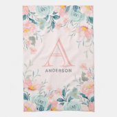Monogram roze en groene Floral Border Theedoek (Verticaal)