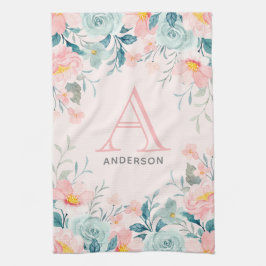 Monogram roze en groene Floral Border Theedoek