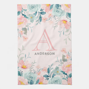 Monogram roze en groene Floral Border Theedoek