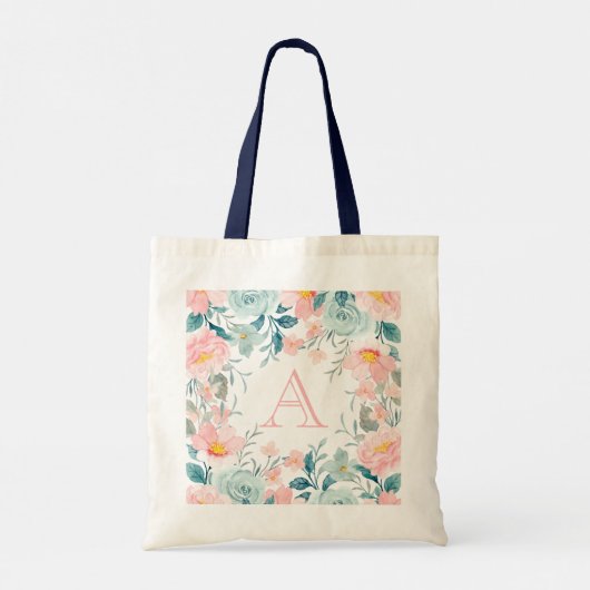Monogram roze en groene Floral Border Tote Bag (Achterkant)