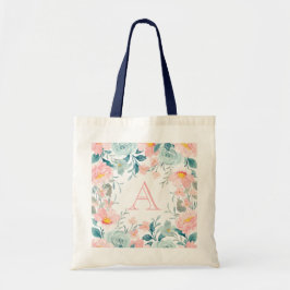 Monogram roze en groene Floral Border Tote Bag