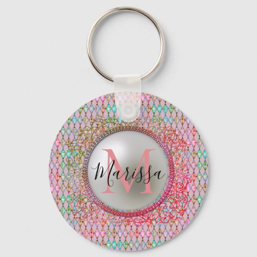 Monogram Roze en Groene Harlequin Sleutelhanger (Voorkant)