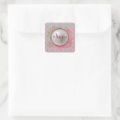 Monogram Roze en Groene Harlequin Vierkante Sticker (Tas)