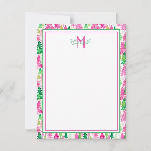 Monogram Roze en Groene Kerstbomen Notitiekaartje (Voorkant)