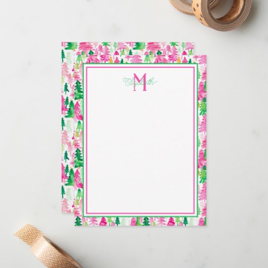 Monogram Roze en Groene Kerstbomen Notitiekaartje (Voorkant / Achterkant in situ)