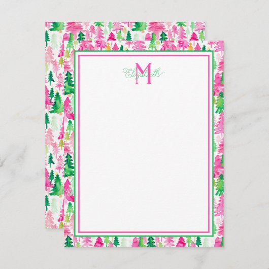 Monogram Roze en Groene Kerstbomen Notitiekaartje (Voorkant / Achterkant)