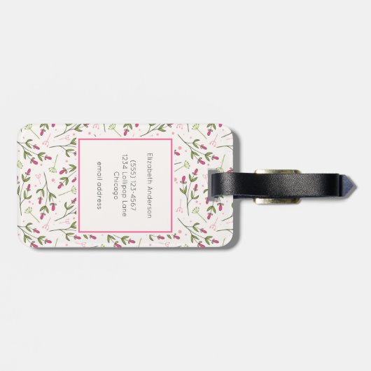Monogram roze en groene langlevende wilde bloemen bagagelabel (Achterkant horizontaal)