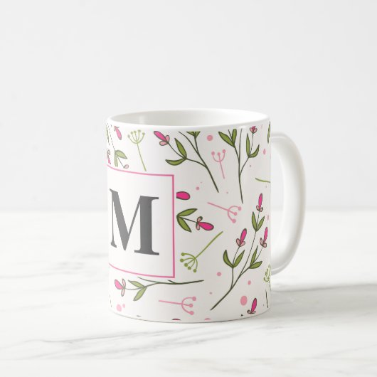 Monogram roze en groene langlevende wilde bloemen koffiemok (Voorkant rechts)