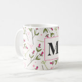 Monogram roze en groene langlevende wilde bloemen koffiemok (Voorkant links)
