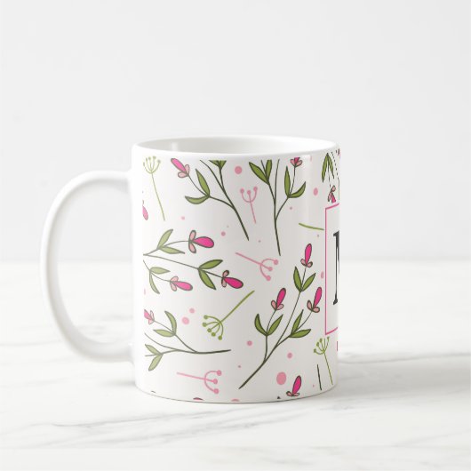 Monogram roze en groene langlevende wilde bloemen koffiemok (Links)