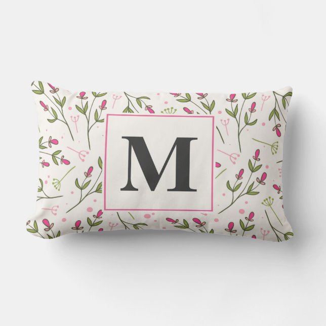 Monogram roze en groene langlevende wilde bloemen kussen (Voorkant)