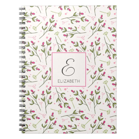 Monogram roze en groene langlevende wilde bloemen notitieboek (Voorkant)