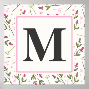 Monogram roze en groene langlevende wilde bloemen poster