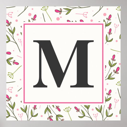 Monogram roze en groene langlevende wilde bloemen poster (Voorkant)