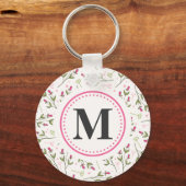 Monogram roze en groene langlevende wilde bloemen sleutelhanger (Voorkant)