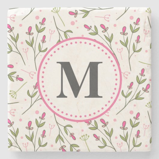 Monogram roze en groene langlevende wilde bloemen stenen onderzetter (Voorkant)
