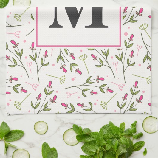 Monogram roze en groene langlevende wilde bloemen theedoek (Gevouwen)