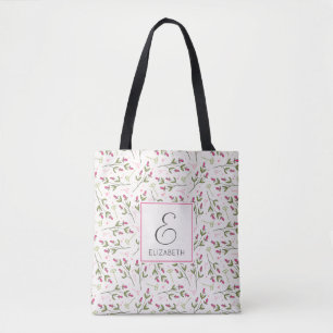 Monogram roze en groene langlevende wilde bloemen tote bag
