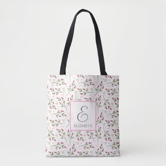 Monogram roze en groene langlevende wilde bloemen tote bag (Voorkant)