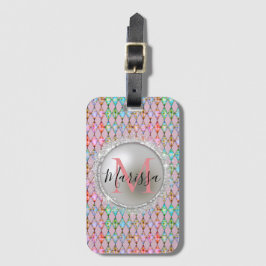 Monogram Roze en Groene Pastels Harlekijn Bagagelabel