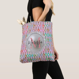 Monogram Roze en Groene Pastels Harlekijn Tote Bag