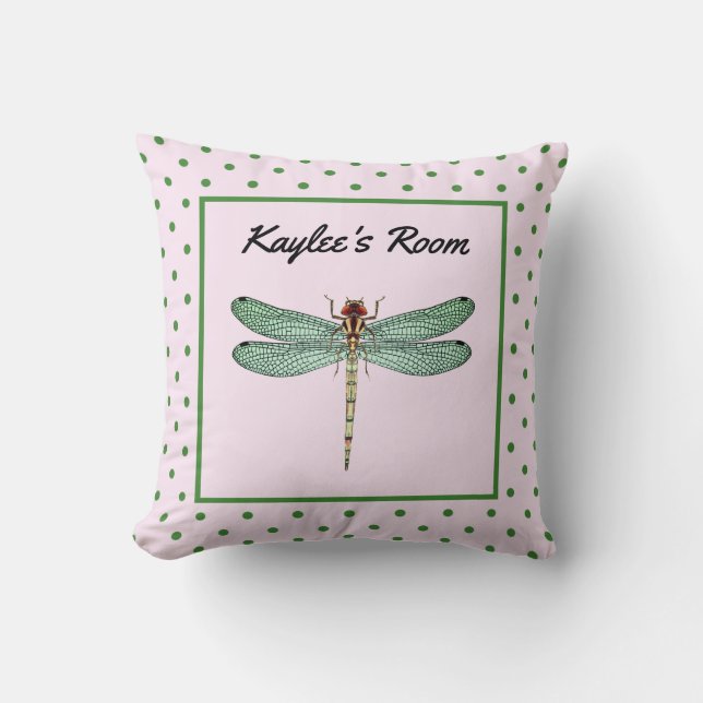 Monogram roze en groene polaire dot en dragonfly kussen (Voorkant)