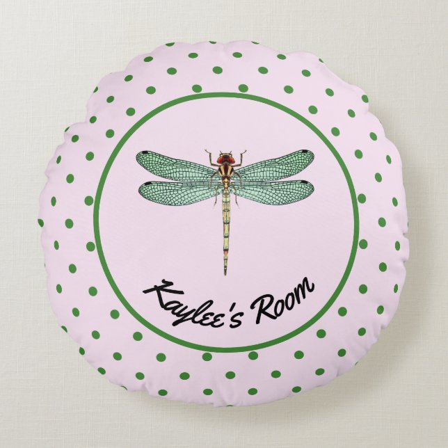 Monogram roze en groene polaire dot en dragonfly rond kussen (Voorkant)