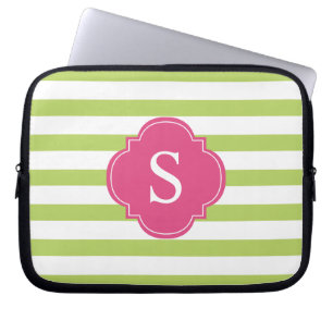 Monogram roze en groene strepen laptop sleeve