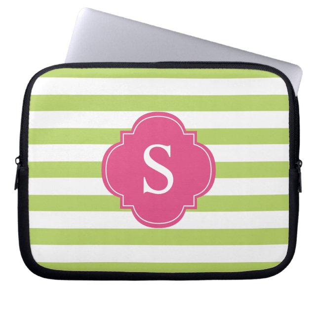 Monogram roze en groene strepen laptop sleeve (Voorkant)