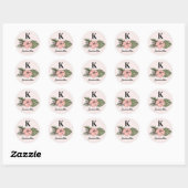 Monogram roze en groene tropische bladeren ronde sticker (Vel)