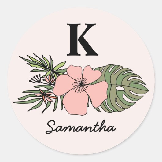 Monogram roze en groene tropische bladeren ronde sticker (Voorkant)
