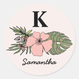 Monogram roze en groene tropische bladeren ronde sticker
