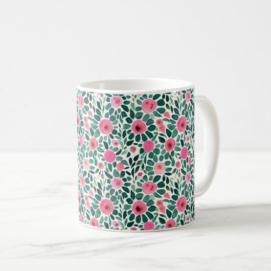 Monogram roze en groene waterverf floreel patroon koffiemok (Voorkant rechts)