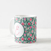 Monogram roze en groene waterverf floreel patroon koffiemok (Voorkant links)