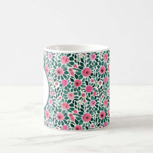 Monogram roze en groene waterverf floreel patroon koffiemok (Center)