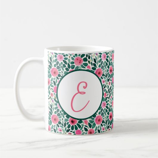 Monogram roze en groene waterverf floreel patroon koffiemok (Links)