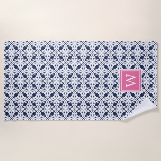 Monogram roze en Navy Hawaiian Pattern Strandlaken (Voorkant)