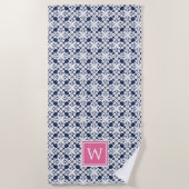 Monogram roze en Navy Hawaiian Pattern Strandlaken (Voorkant)