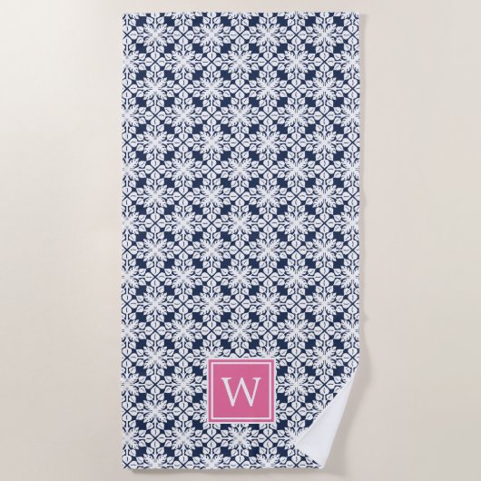 Monogram roze en Navy Hawaiian Pattern Strandlaken (Voorkant)