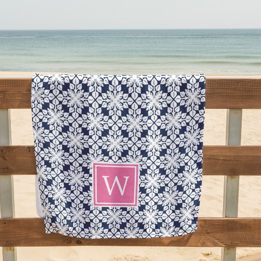 Monogram roze en Navy Hawaiian Pattern Strandlaken