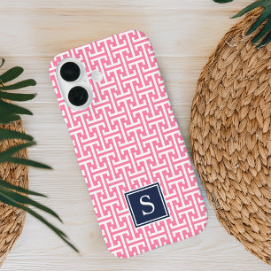 Monogram roze en Navy Preppy Pattern iPhone 16 Hoesje