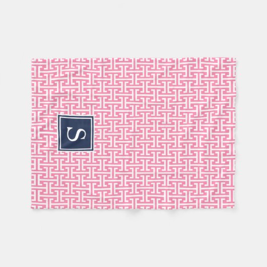 Monogram roze en Navy Preppy Pattern Fleece Deken (Voorkant (Horizontaal))