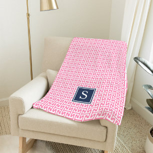 Monogram roze en Navy Preppy Pattern Fleece Deken